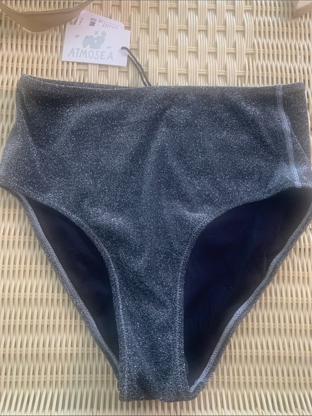 ATMOSEA Free People High-Waist Sparkle Bikini Surf Bottom - Silver Black NWT